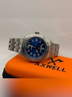 Axwell Vortex Men’s Silver Stainless Steel Blue Dial Quartz Watch 43mm